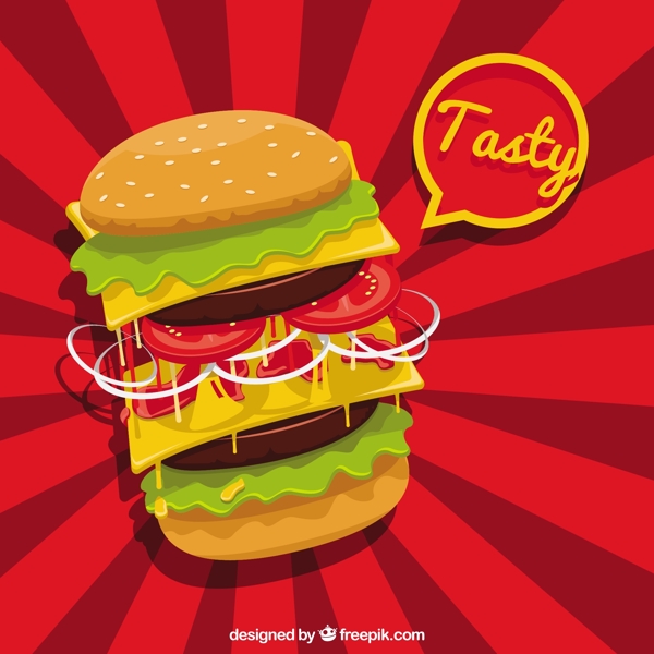 手绘美味汉堡红色放射状图案背景