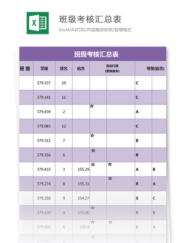 班級考核匯總表excel模板