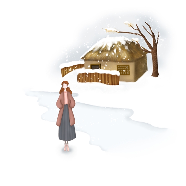 手绘卡通小雪女孩狗欣赏雪景下雪屋子场景
