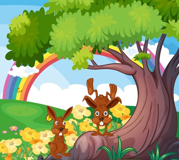 大树下可爱的动物插画