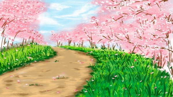 手绘春天樱花树下草地茂盛