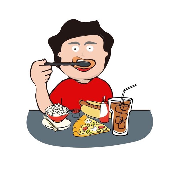 手繪卡通人物吃飯