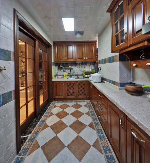 欧式简约风室内设计厨房拼接地砖效果图