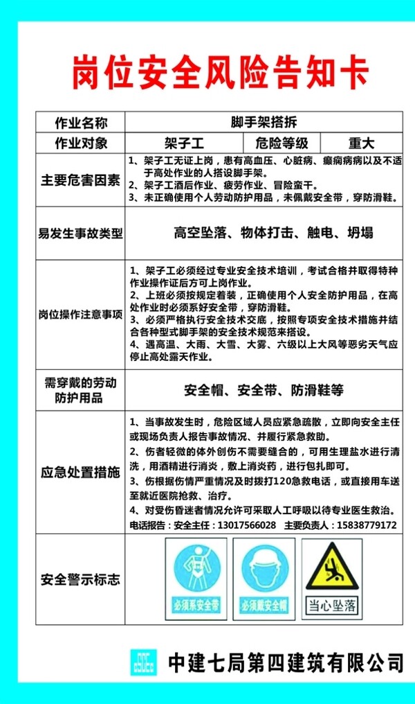 崗位安全風險告知卡