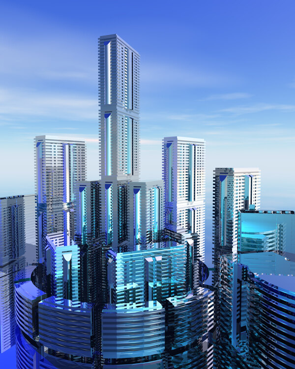 商業(yè)空間樓房建筑效果圖高樓大廈高科技區(qū)水滴科幻