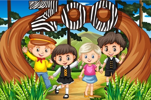 卡通儿童在动物园图片