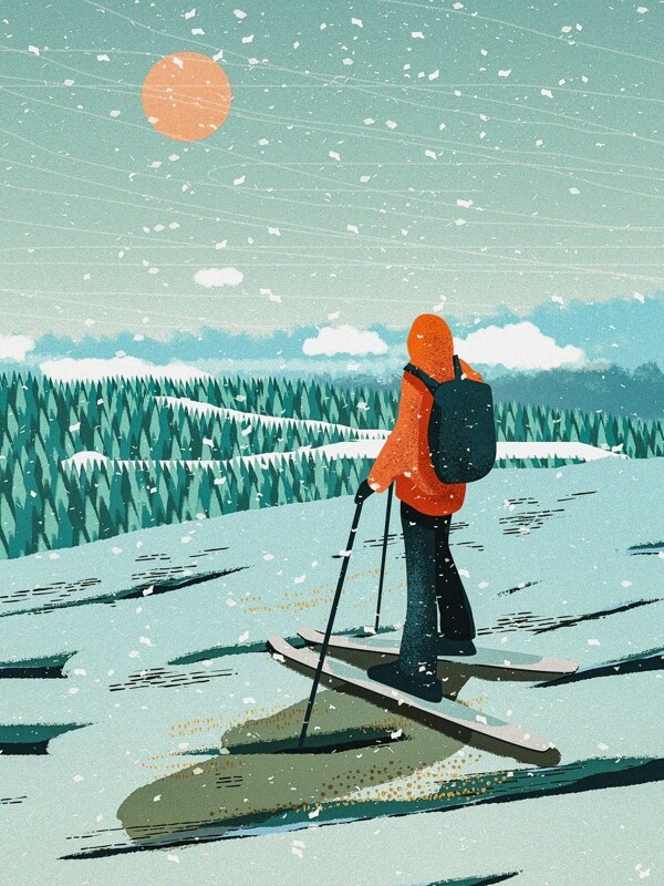滑雪场景冬日冬天下雪室外场景肌理插画