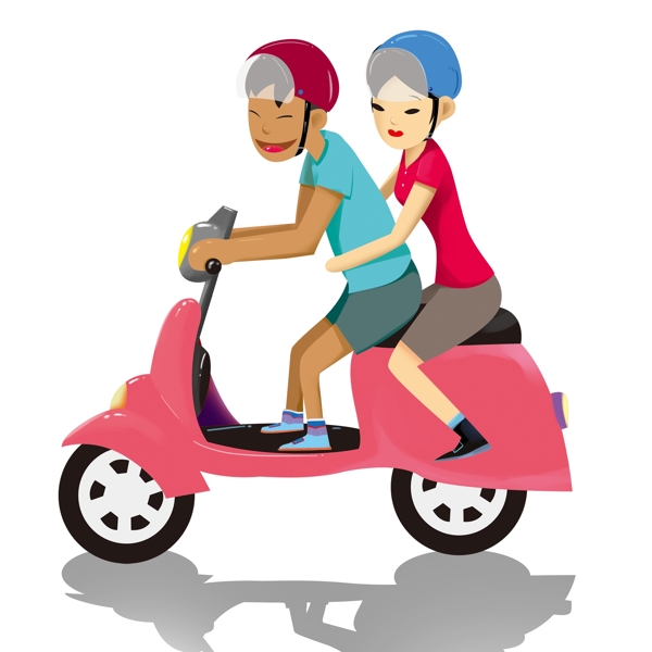 卡通安全出行情侣带着头盔骑电动车
