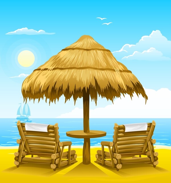 艳阳夏日海滩椰树遮阳伞和躺椅图片