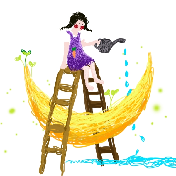 手绘卡通女孩坐在人字梯上洒水原创元素
