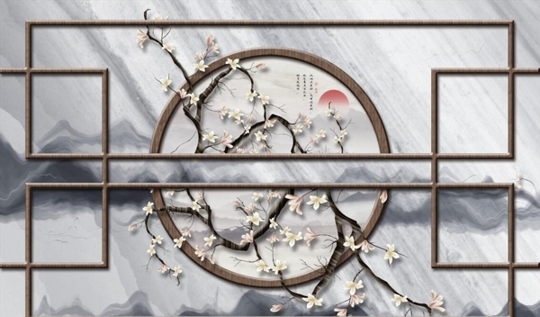 中式手绘工笔玉兰花鸟背景墙装饰