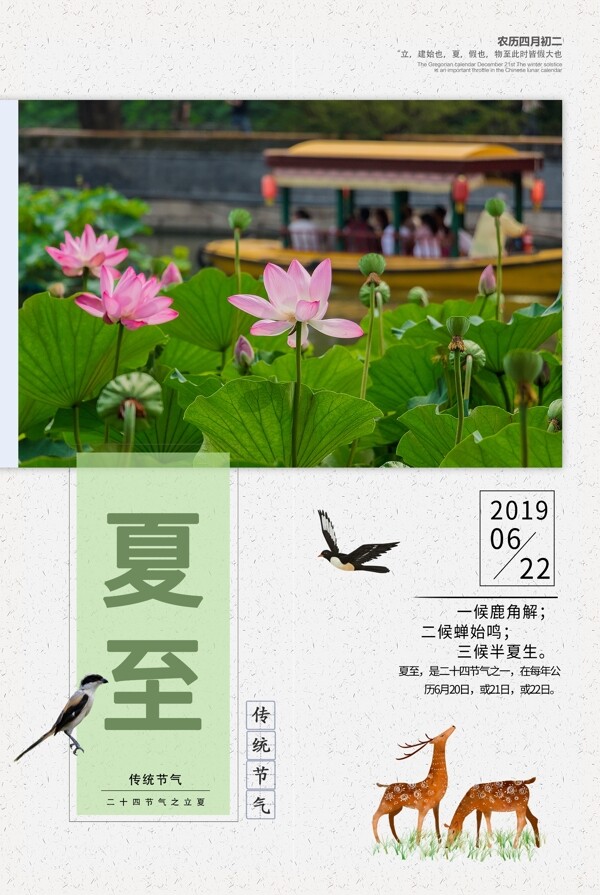 夏至小鹿荷花清新海報(bào)