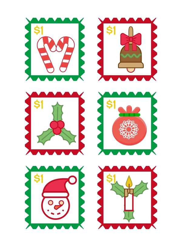 圣诞邮票邮戳小贴纸可爱卡通礼物矢量可商用