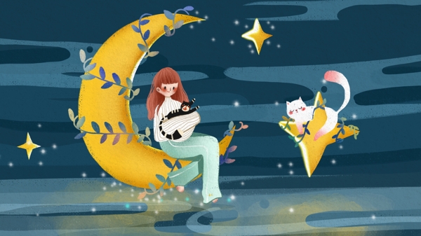 节气寒露女孩坐在月亮上和猫咪玩耍温馨插画