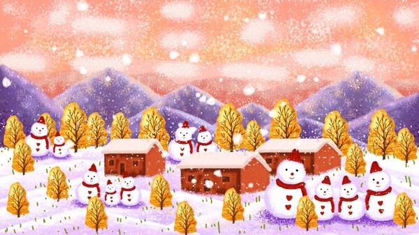12月你好在雪下堆雪人插画