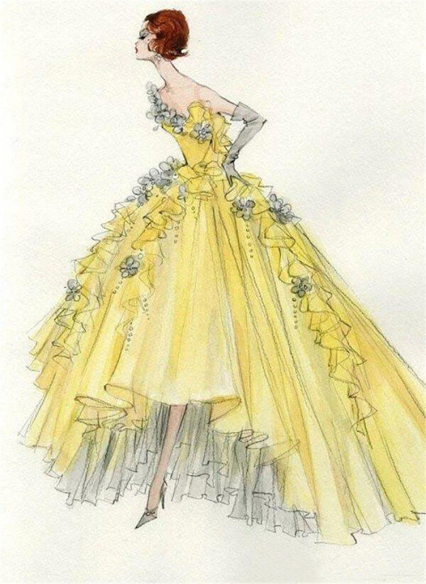 黄色花朵礼服设计图