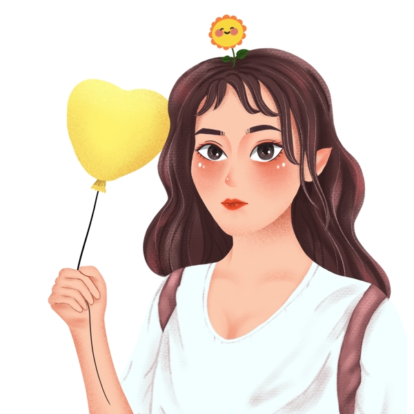 清新手绘拿着黄色气球的女大学生