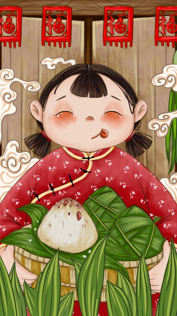 端午节吃粽子中国风插画