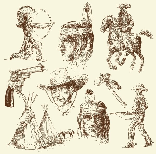 美国西部牛仔手绘素描矢量图