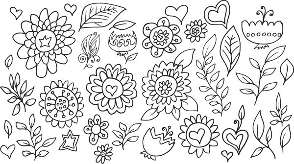 线条手绘黑白花朵和叶子图案