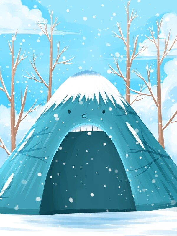 清新手繪冬季雪地怪屋背景設計