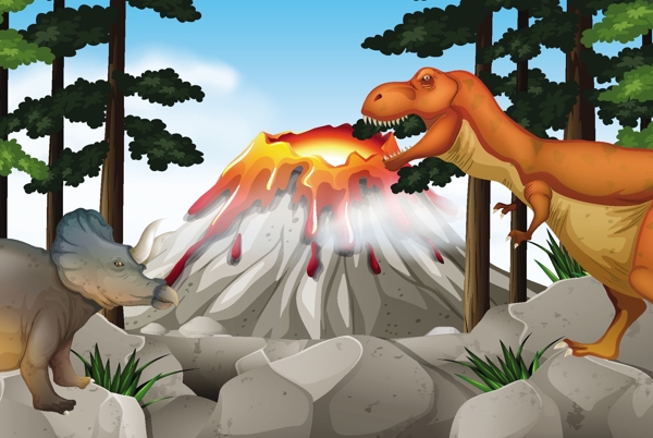 恐龙和火山的场景