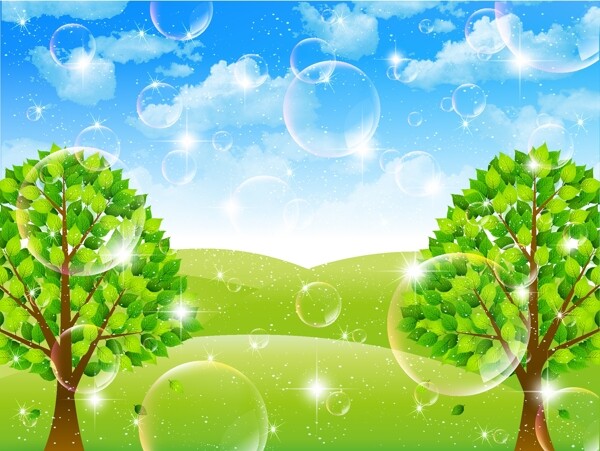 梦幻气泡绿树背景