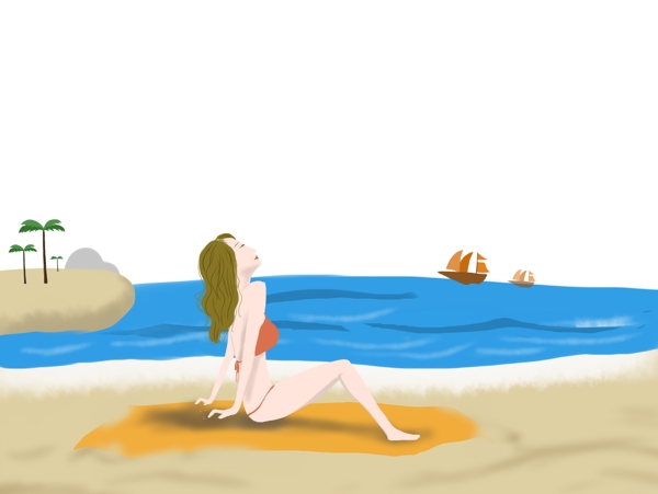 美女沙滩手绘插画免费下载