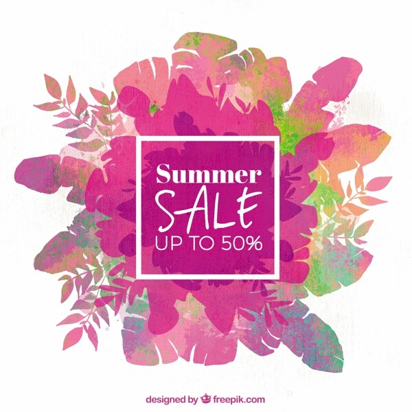 夏季销售背景与彩色树叶在水彩画风格