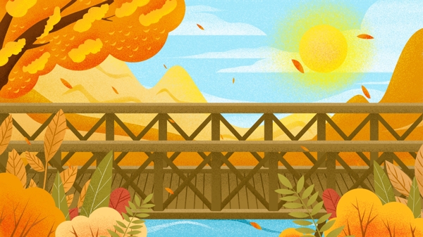 蓝色湖水上的木桥卡通背景