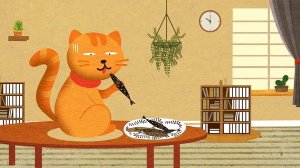 原创插画萌宠系列之吃鱼的猫