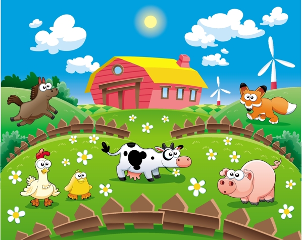 卡通动物和农场矢量图