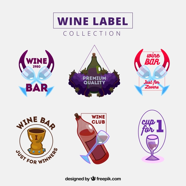 6款彩绘葡萄酒标签矢量素材