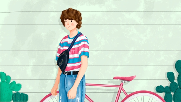 清新插畫假期自行車男孩