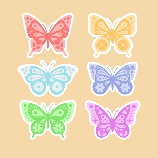6款彩色花纹蝴蝶贴纸矢量图