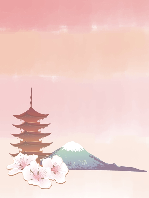矢量水彩日系富士山樱花日本旅游背景