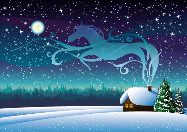 卡通雪夜荒野插画矢量素材