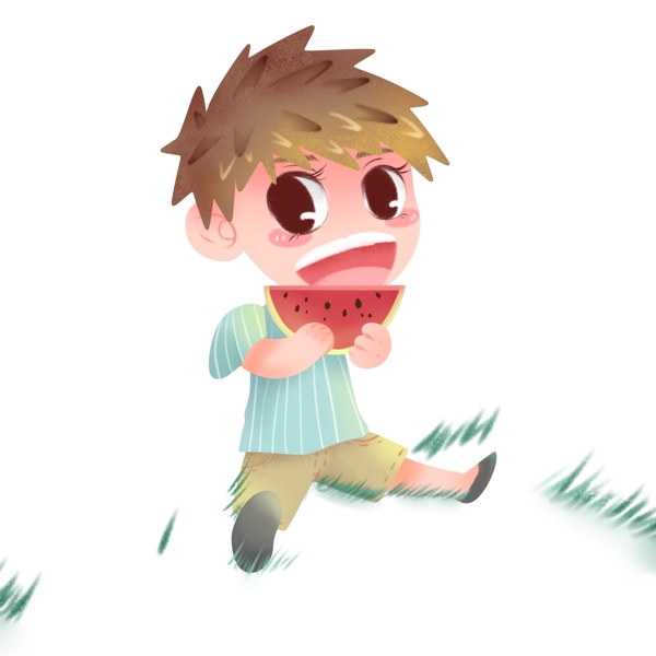 小清新可爱吃西瓜的男孩手绘设计