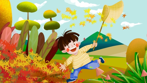 儿童日秋季山坡唯美可爱男孩网兜枫叶飞舞