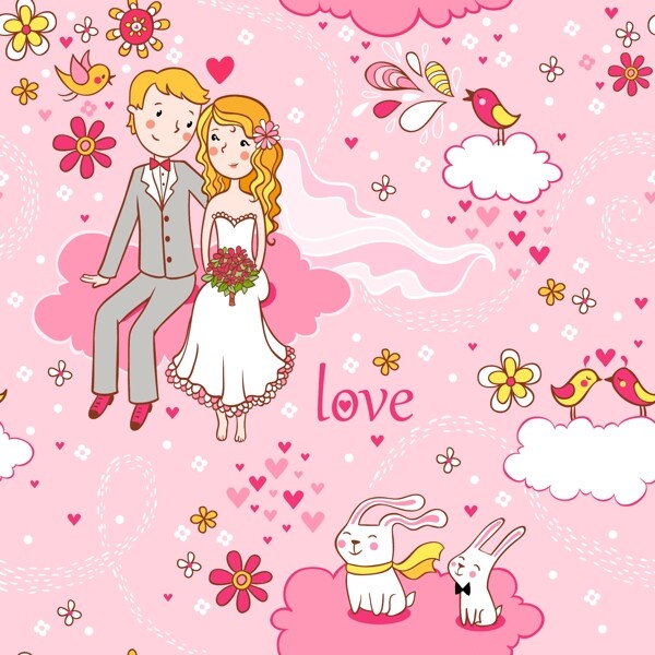 卡通新郎新娘和兔子背景矢量素材