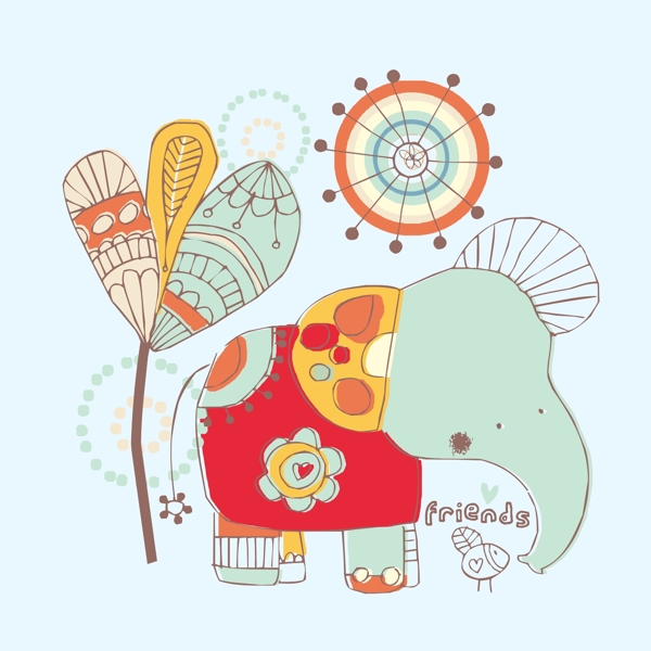 印花矢量圖動物大象植物樹免費(fèi)素材