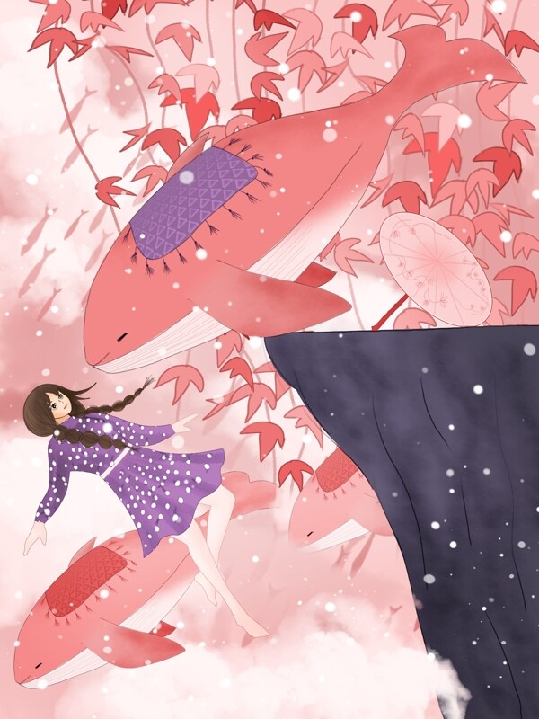 原创手绘插画女孩与鲸鱼的粉色世界