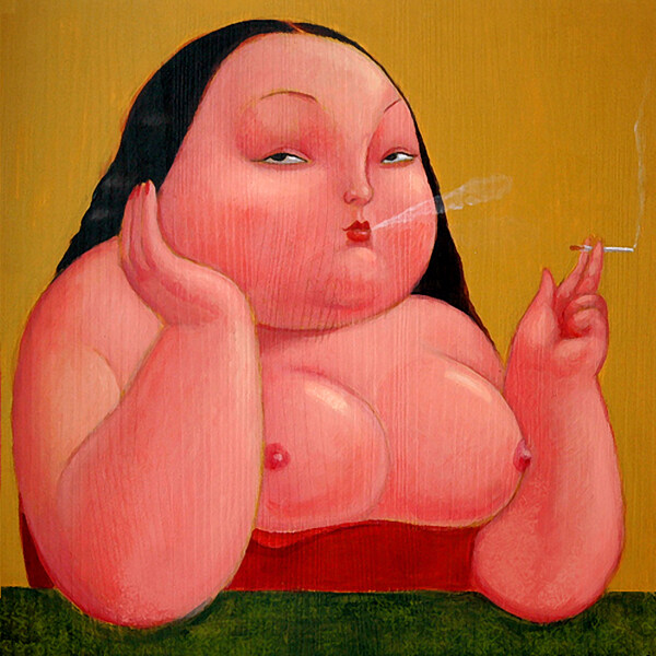 油画吸烟的胖女人图片