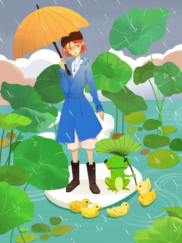 雨中遇到拿荷叶伞的青蛙谷雨插画