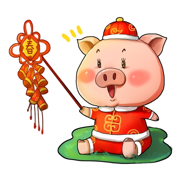 可爱唐装猪猪送祝福卡通插画