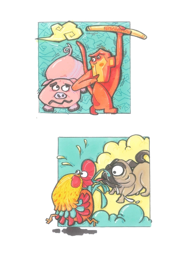 生肖插画元素之猪狗鸡猴