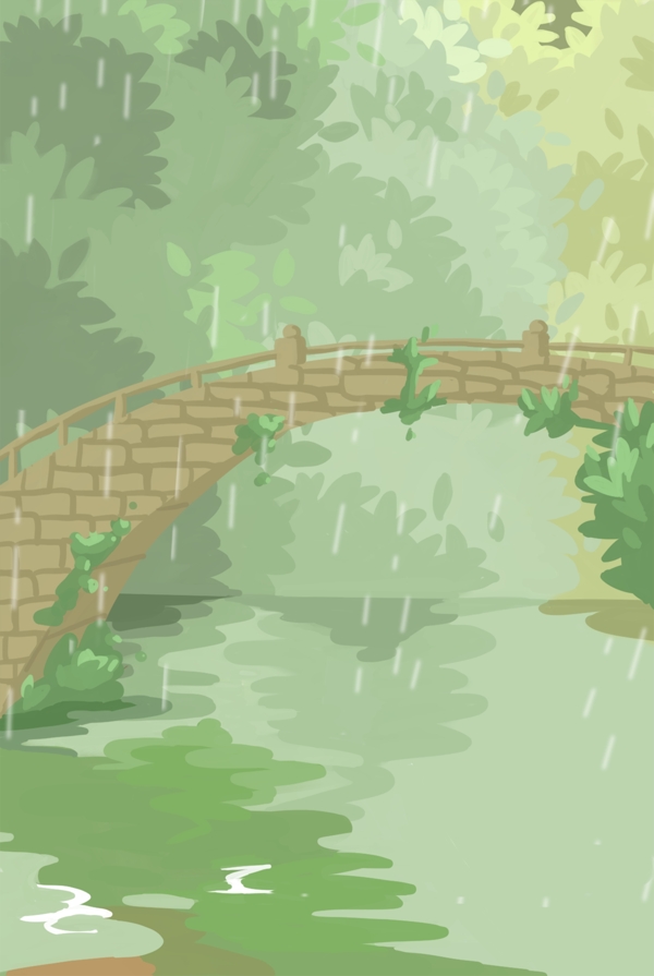 卡通绿色的森林和小桥