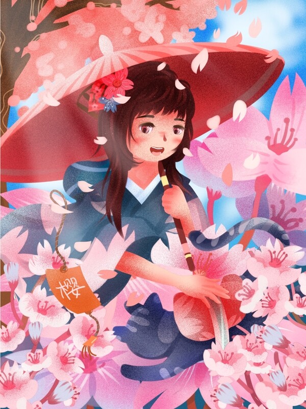 日本樱花节花丛中的和服女孩和猫唯美插画