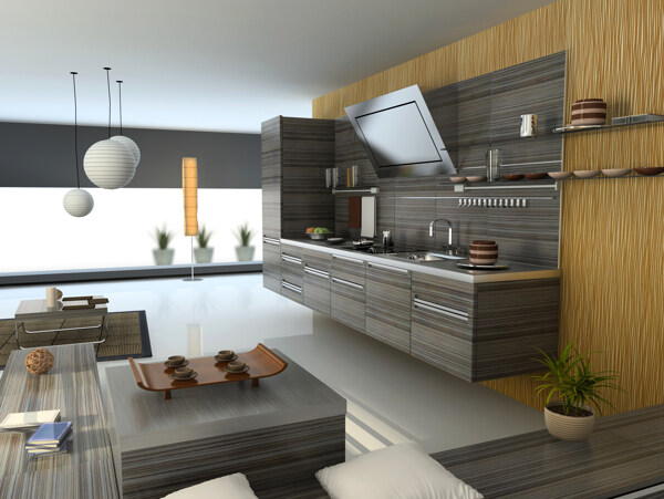深色木纹厨房设计