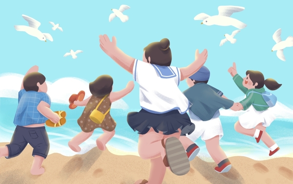 五四青年节在海边奔跑插画
